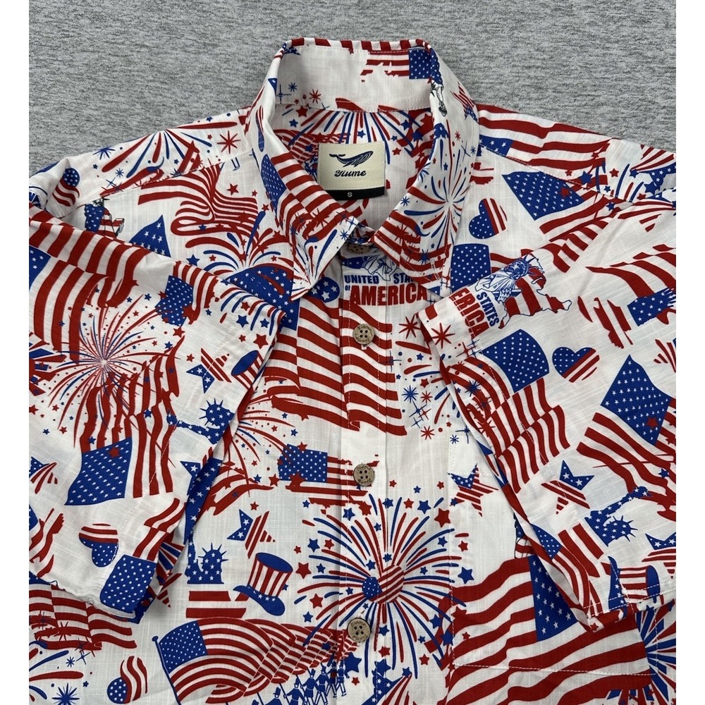Yiume Shirt Mens Small Red White Blue United States America USA Flag Button Up